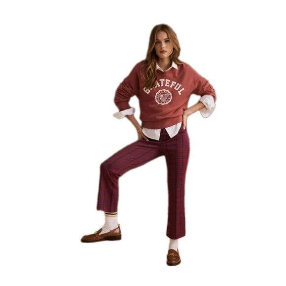 Maeve by Anthropologie The Margot Kick Flare Cropped Pants Small Red/Blue Plaid - Picture 3 of 6